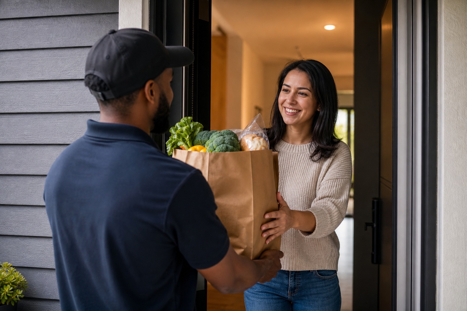 Delivery worker handing grocery bags to a smiling woman at an apartment doorway.