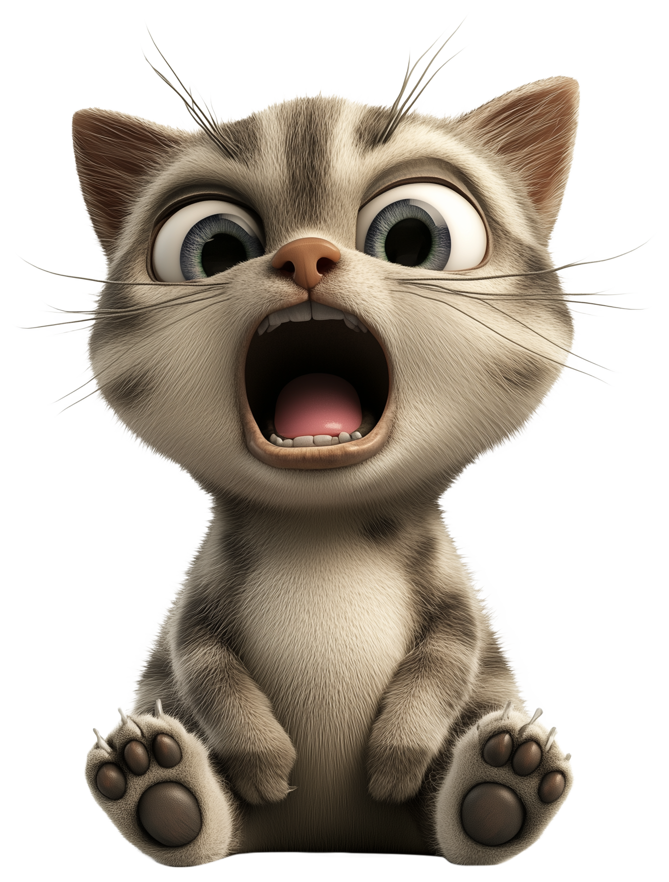 A wide-eyed 3D cartoon kitten sitting with mouth open in surprise.