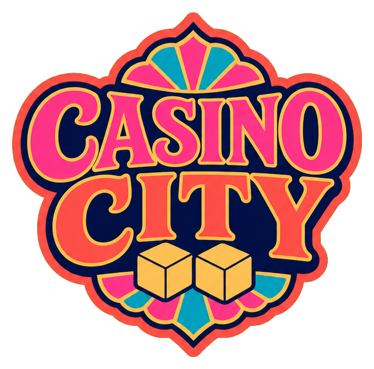Retro Casino City text sticker with colorful outline and two dice.