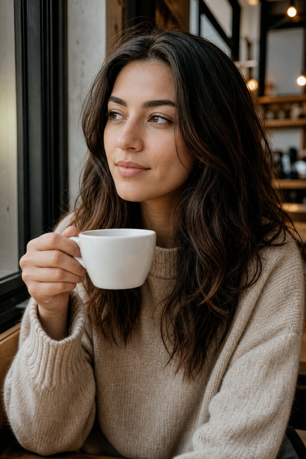 Woman in a beige sweater holding a white cup in a cafe setting