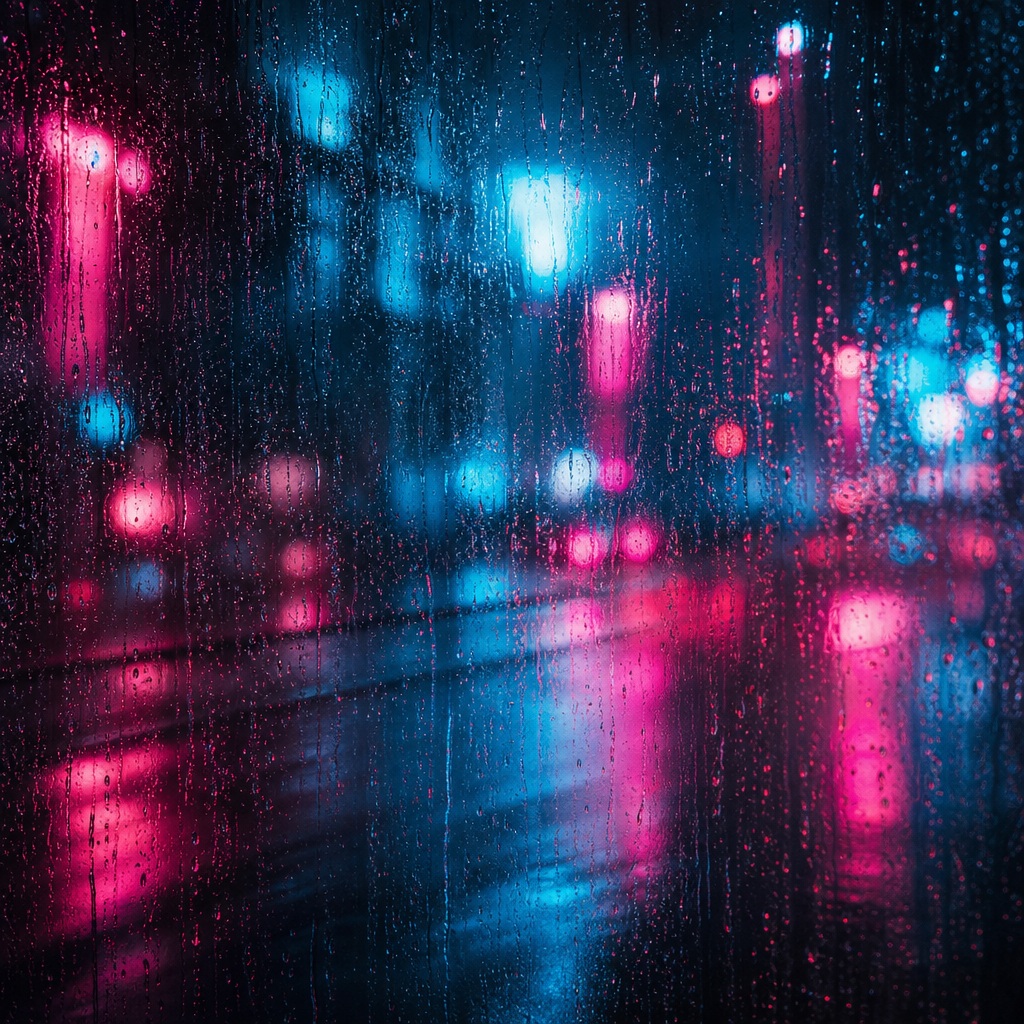 Rainy neon city street with blurred pink and blue lights reflected on wet pavement