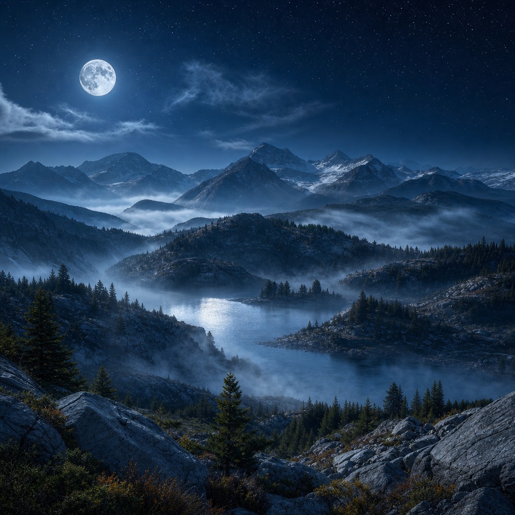 Moonlit mountains above a misty valley with a bright moon in the night sky.