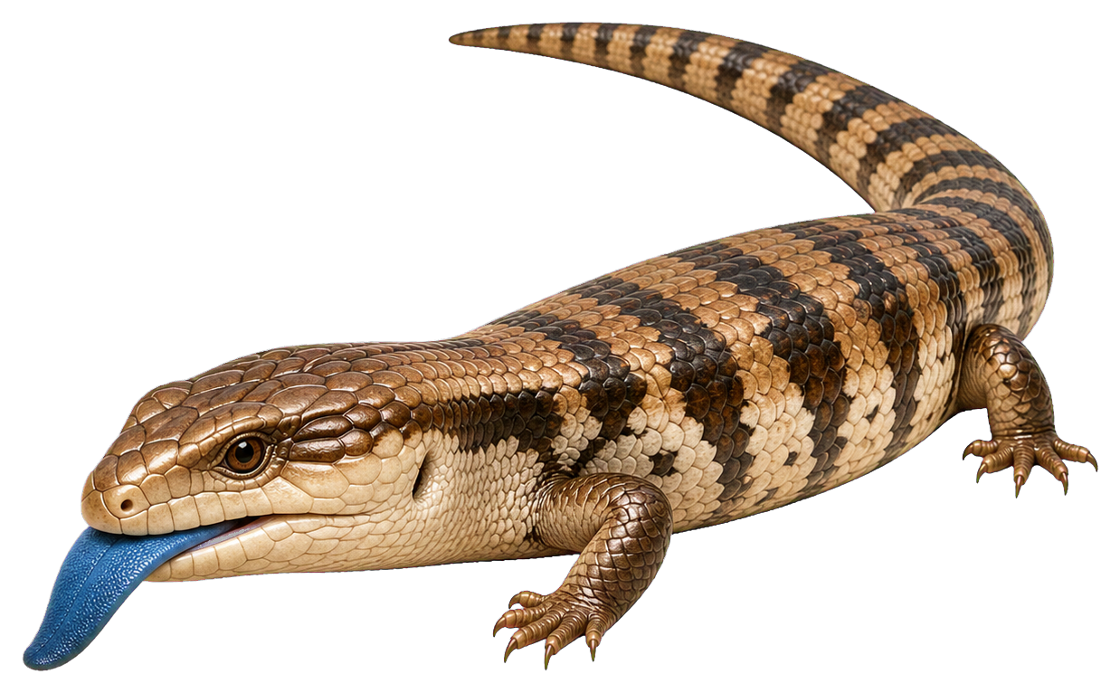 Blue tongue skink lizard sticker with striped brown body and blue tongue