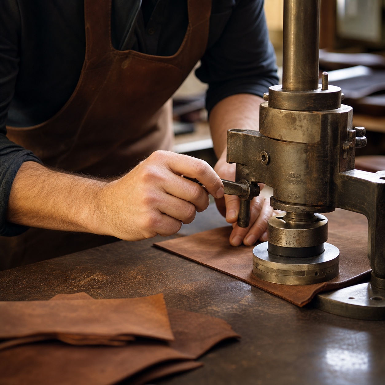 Close-up of a person working leather with a metal press on a workshop table.