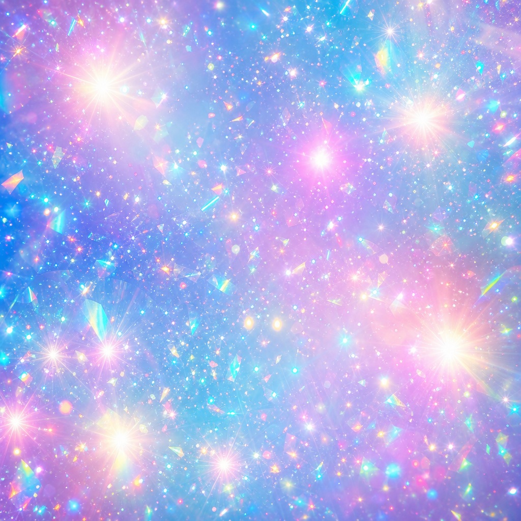 Pastel iridescent background with glowing bokeh, sparkles, and bright star-like flares