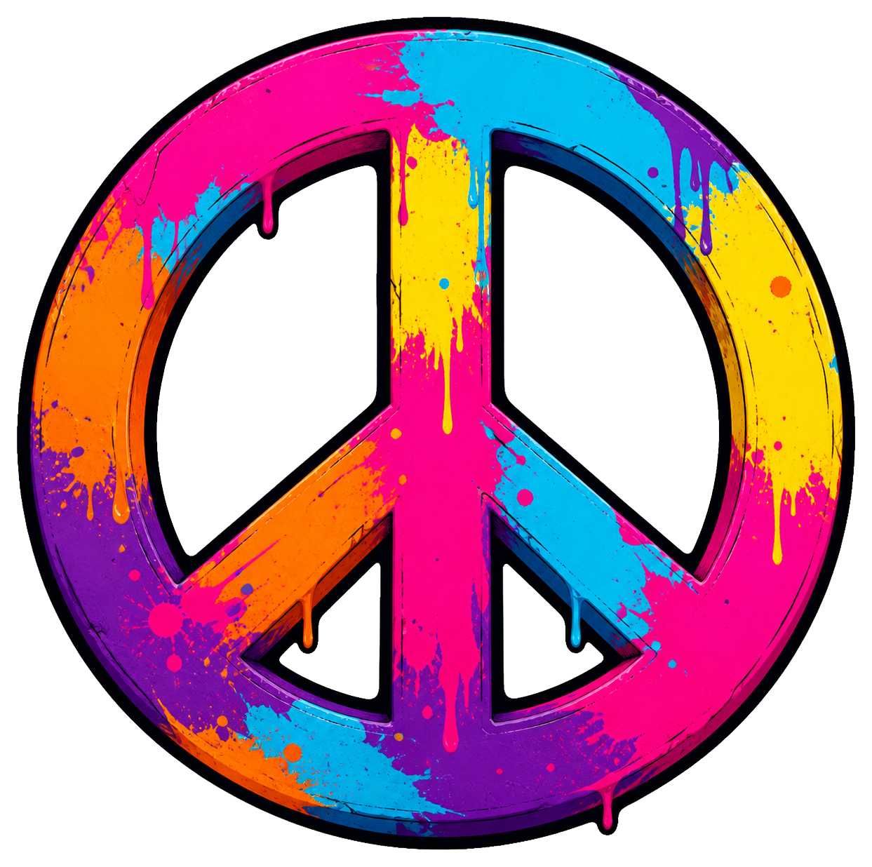 Colorful paint-splatter peace symbol sticker on a black background.