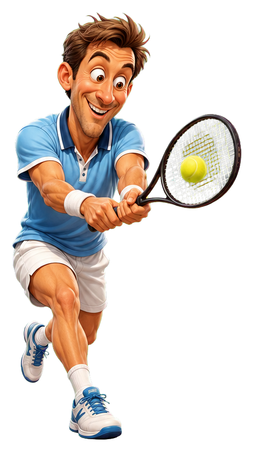 Smiling caricature tennis player lunging forward to volley a yellow ball with a racket.