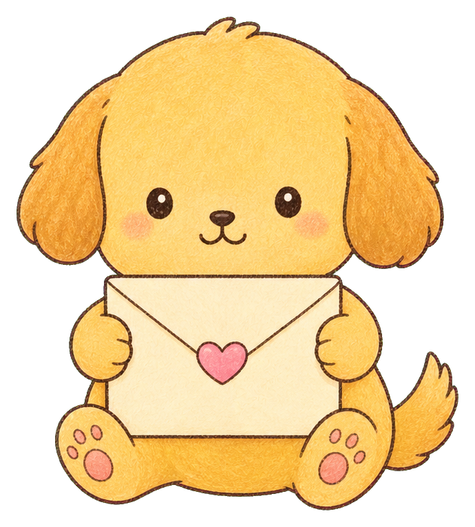 Cute kawaii puppy holding a cream envelope with a pink heart seal.
