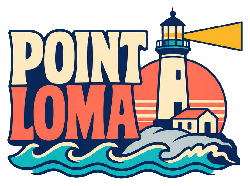 Retro Point Loma Lighthouse text graphic with waves, sun, and lighthouse illustration