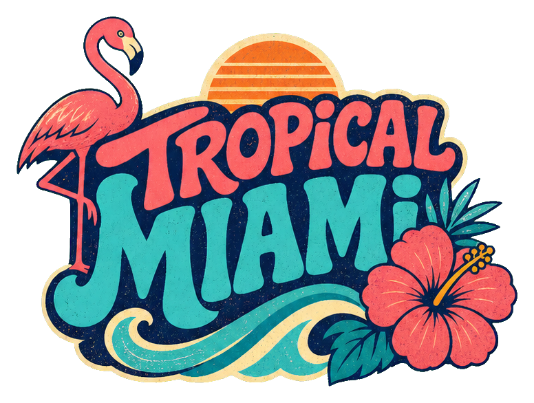 Retro tropical Miami text with a flamingo and pink hibiscus flower