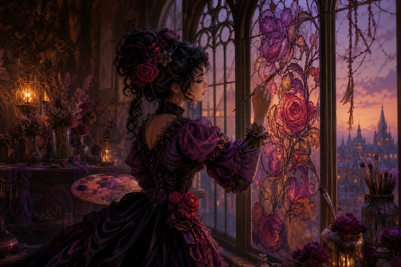 Stylized woman painting a glowing rose window beside a gothic interior at sunset.