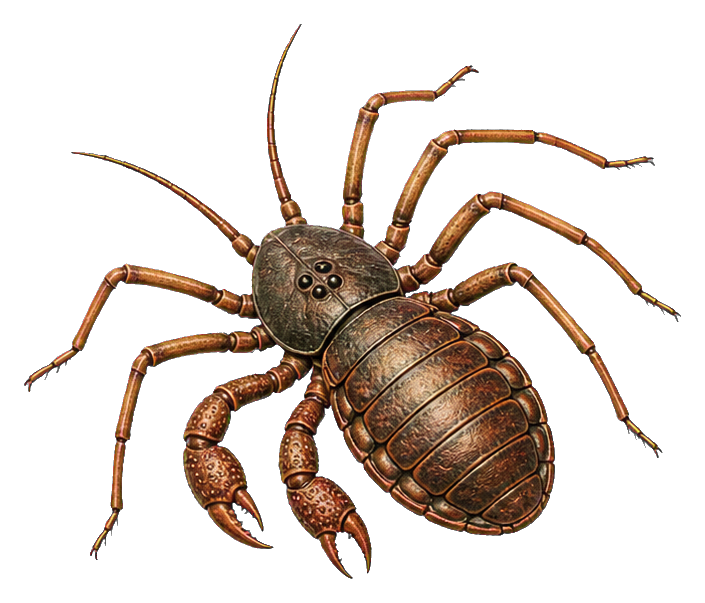 Illustrated prehistoric arachnid sticker with a brown segmented body and long legs