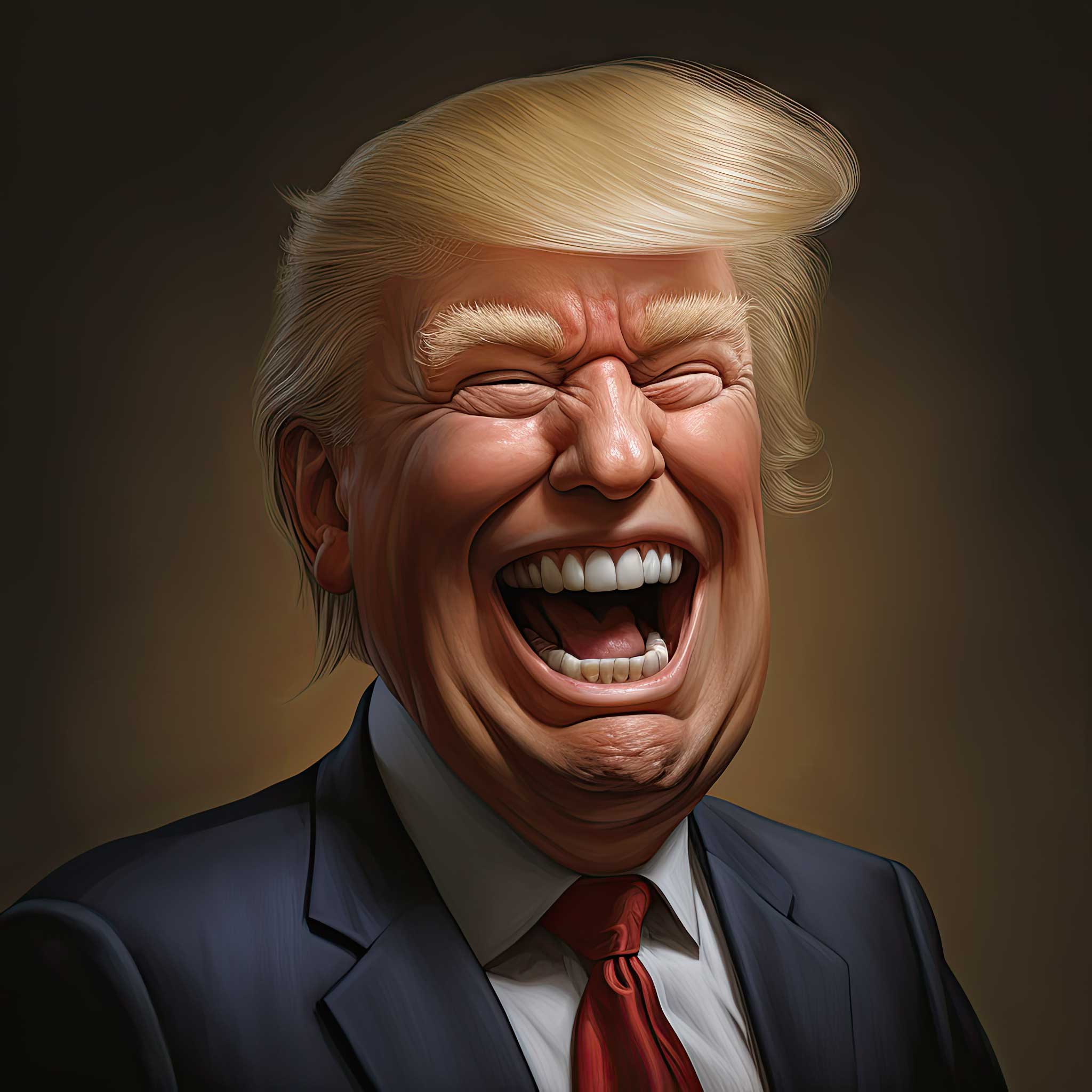 Caricature of Donald Trump laughing in a suit and tie on a dark background