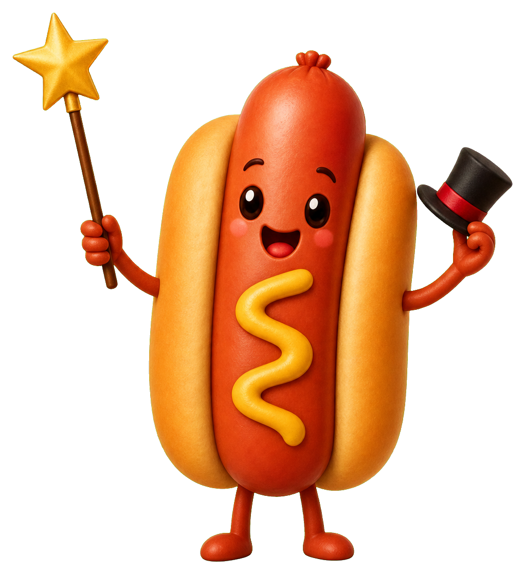 A smiling hot dog character holding a wand and wearing a top hat.