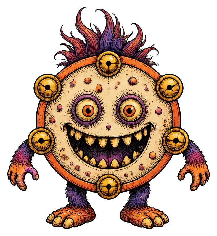 Round spooky troll with a tambourine body, glowing eyes, teeth, and shaggy purple-orange hair.