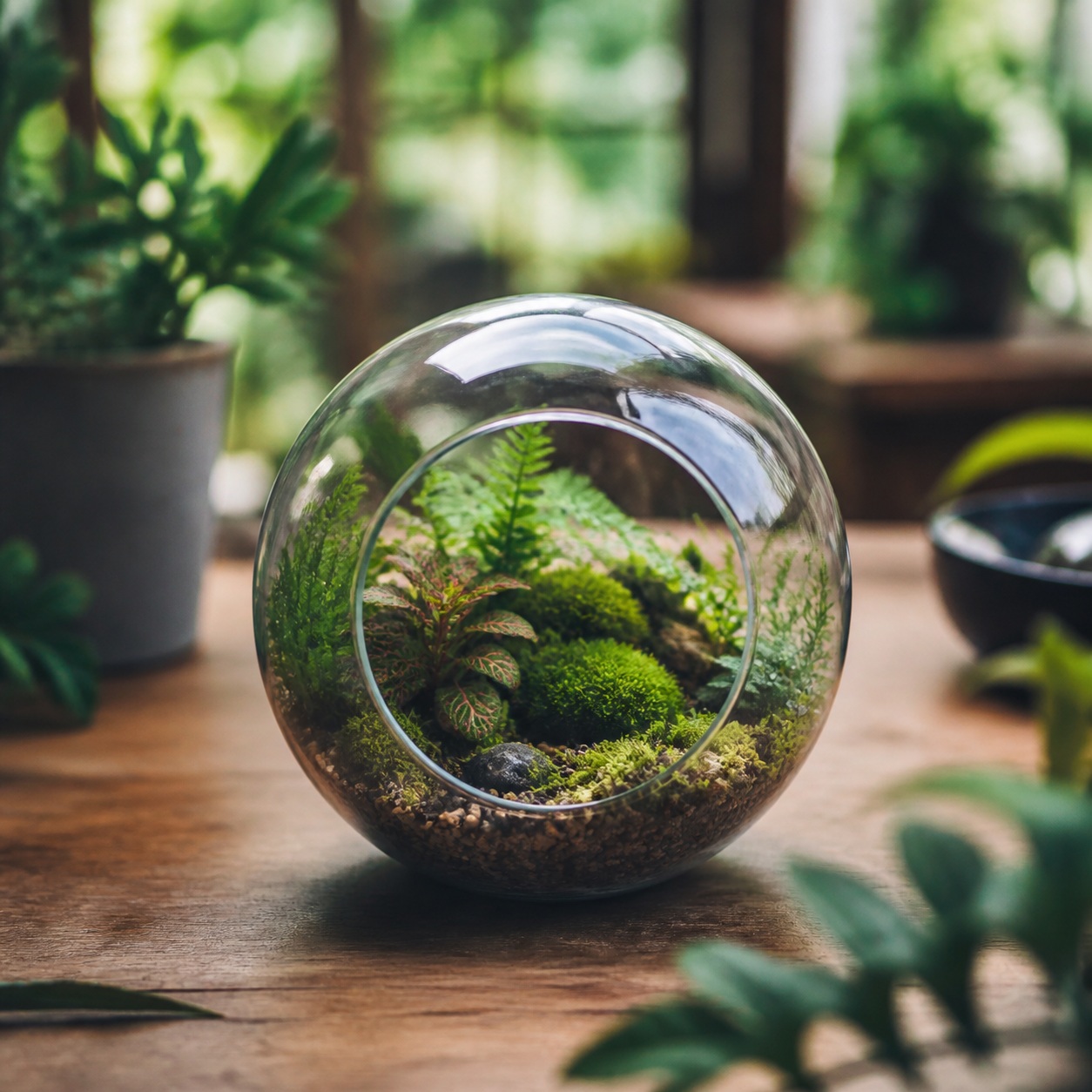 Glass orb terrarium with green plants on a wooden table near a window