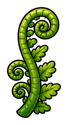 Green curled fern with leafy fronds on a black background.