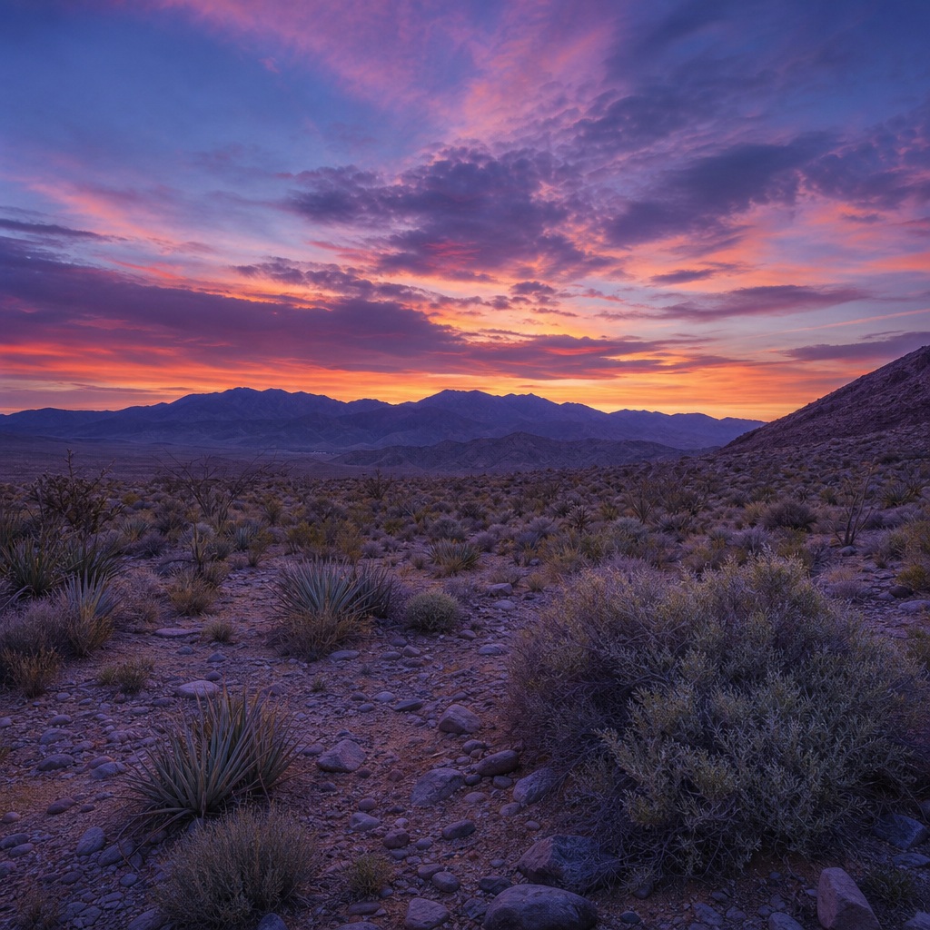 Square desert landscape with sand dunes, shrubs, and a colorful twilight sky