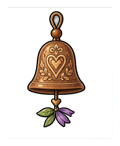 Decorative bronze bell with heart engraving and small hanging green and purple leaves.