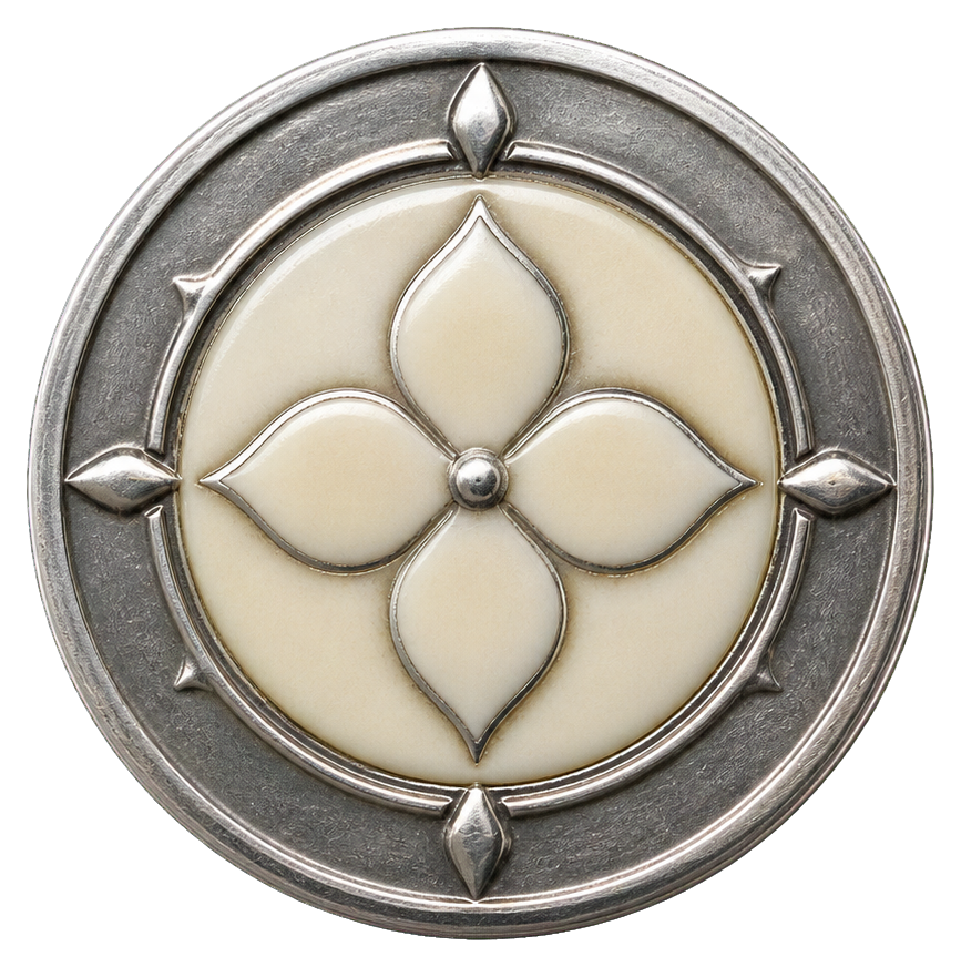 Round silver coin with cream porcelain inlay and four petal-shaped center details
