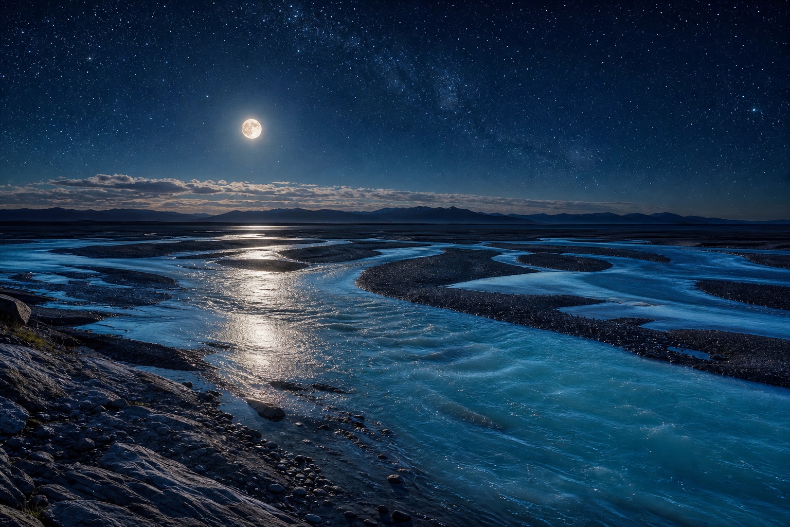 Moonlit shoreline with a blue river reflecting light under a starry night sky