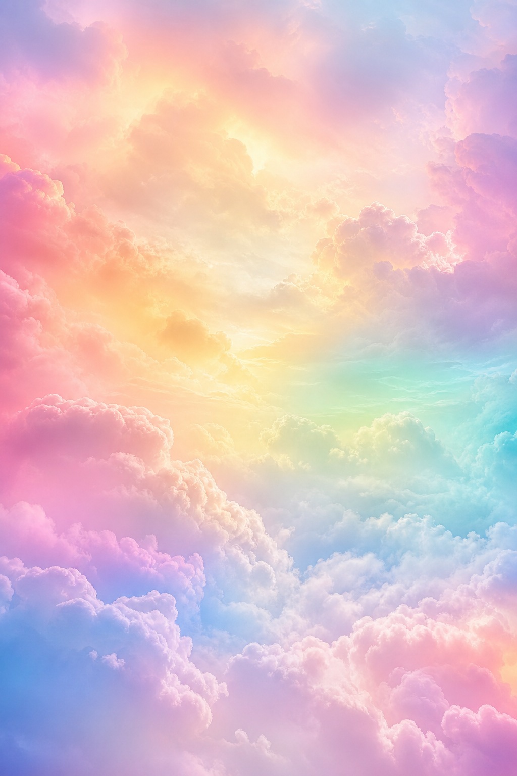 Vertical pastel clouds with rainbow light and a dreamy misty sky