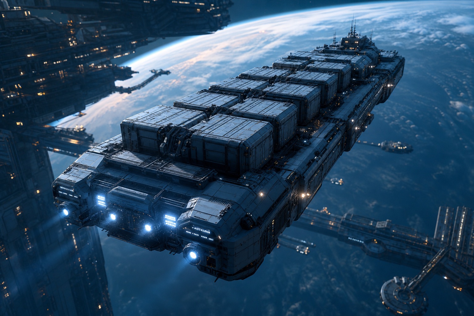 Large cargo freighter flying above a planet with blue engine lights in space
