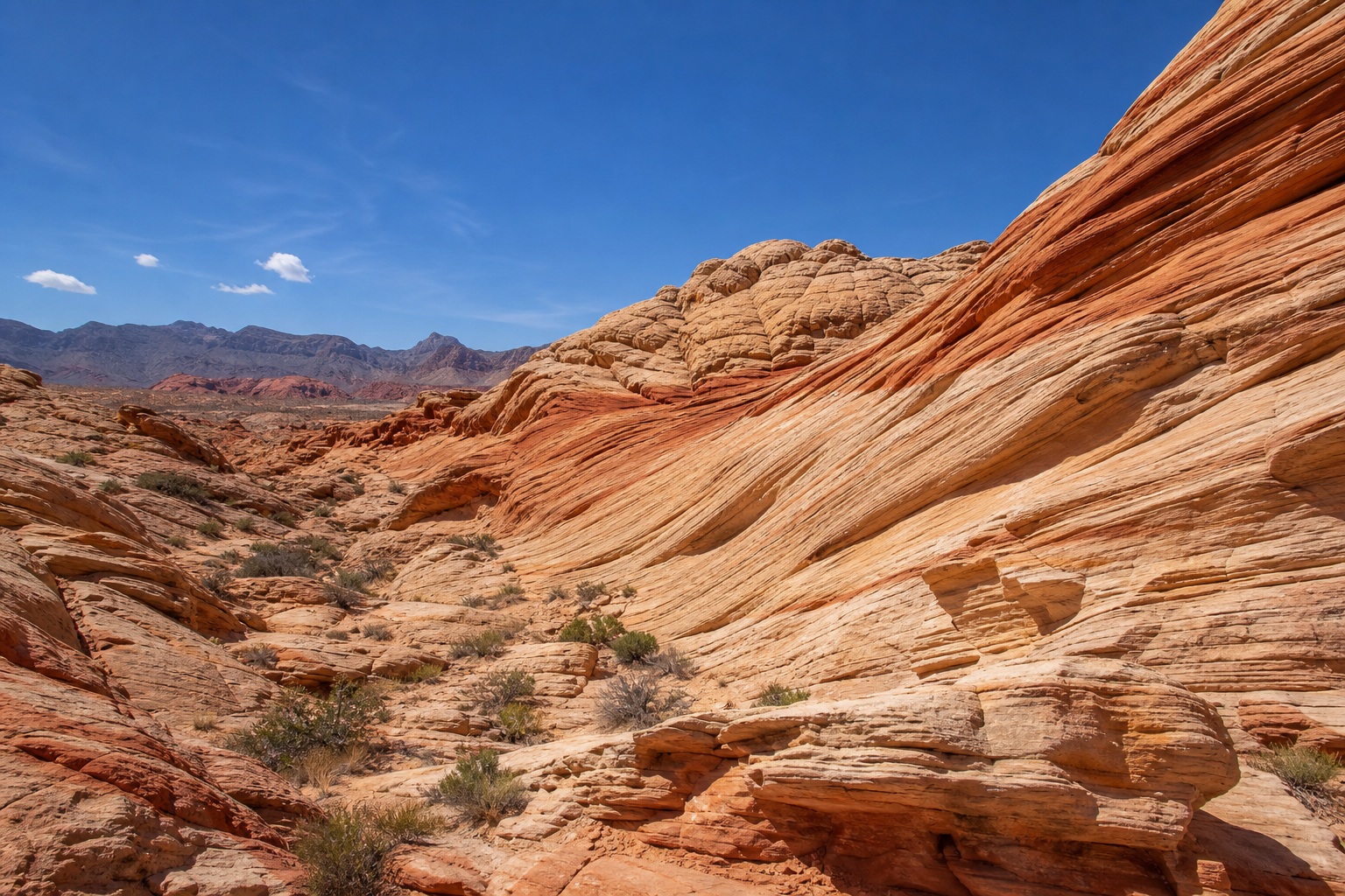 Sunlit red sandstone canyon with layered rock folds and distant mountains under a clear sky
