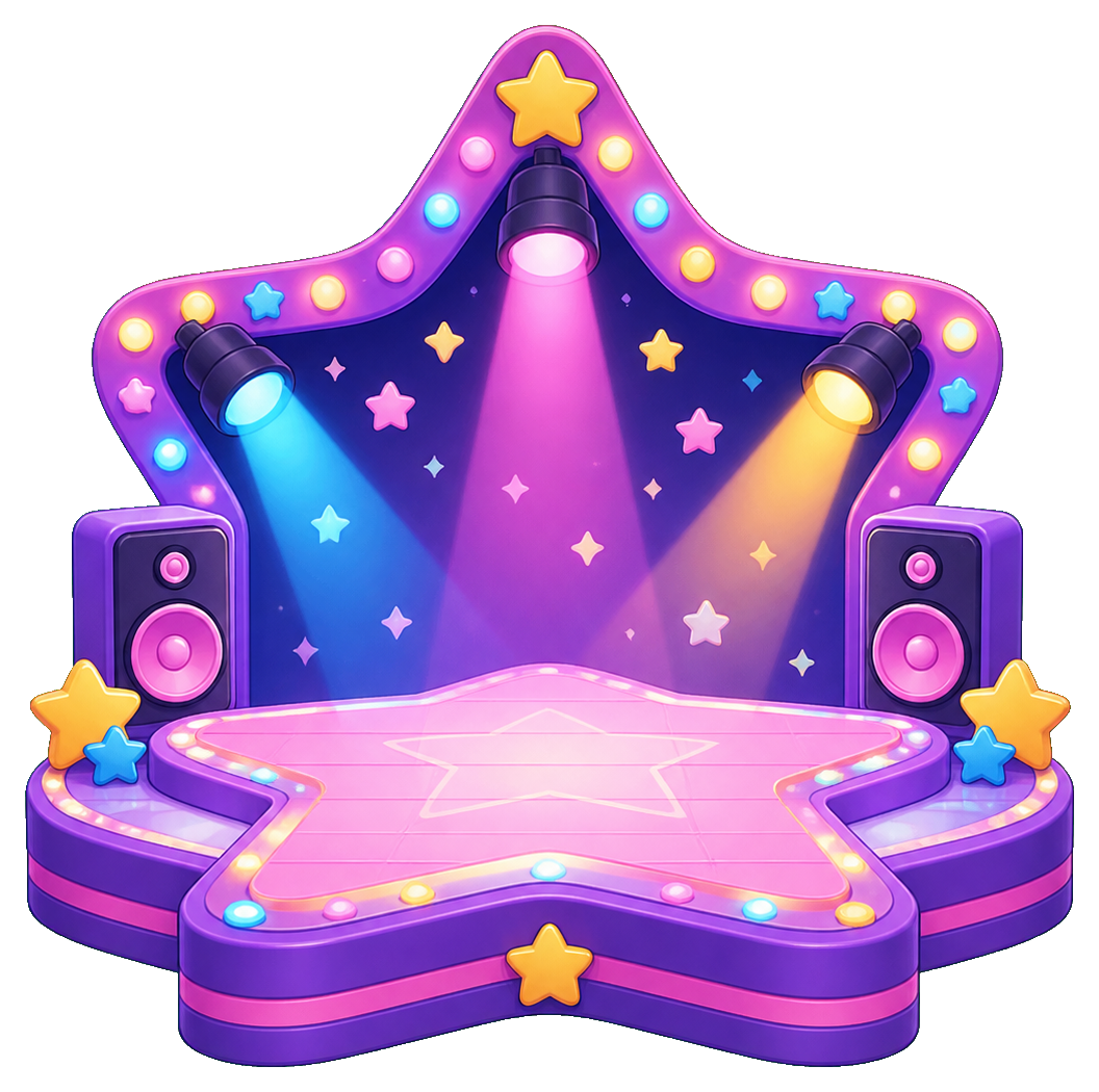 Neon star-shaped stage with glowing lights, spotlights, and speakers