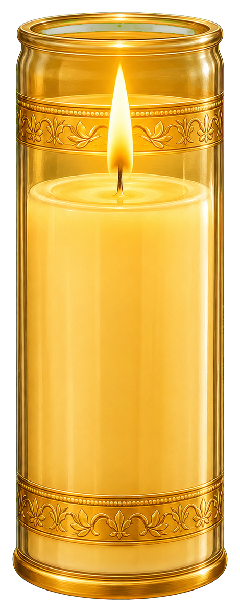 Lit prayer candle in a gold glass holder with an ornate band.