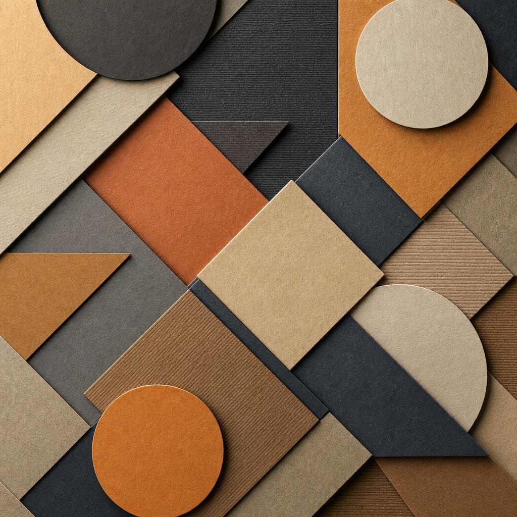Layered paper cut geometric shapes in earthy tones forming a modern tile pattern.
