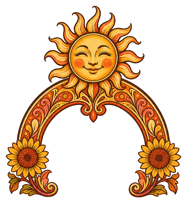 Smiling sun with rays above an ornate sunflower arch with floral details