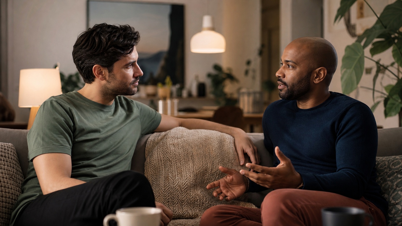 Two men sitting on a couch and talking in a cozy living room