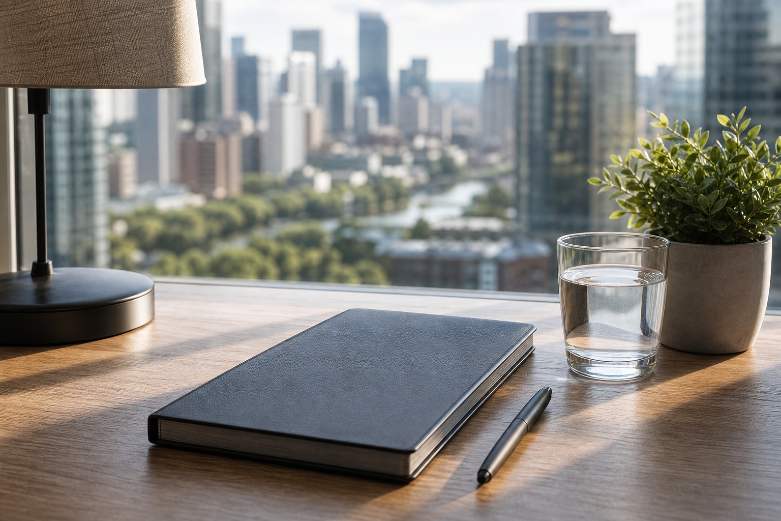 Notebook, pen, water glass, and small plant on a desk by a city window
