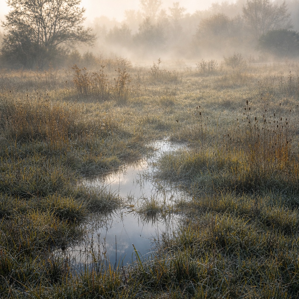 Fog drifting over a grassy meadow with a shallow reflective puddle at sunrise