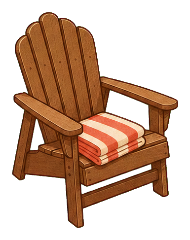 Warm brown Adirondack chair with a striped towel on the seat