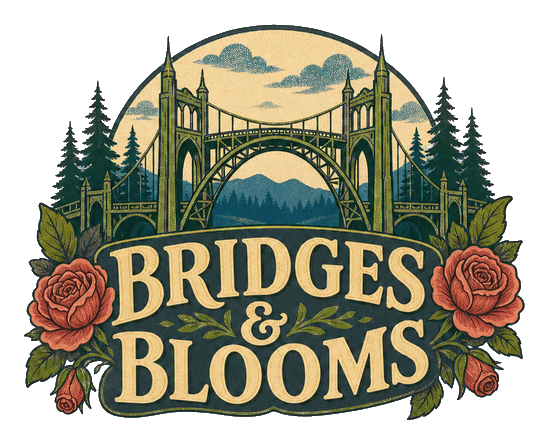 Retro illustrated Bridges Blooms sticker with bridge, flowers, and foliage
