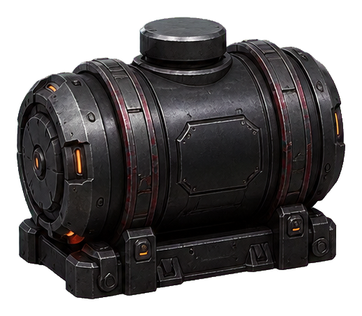 Dark cylindrical fuel tank with metal bands and orange details