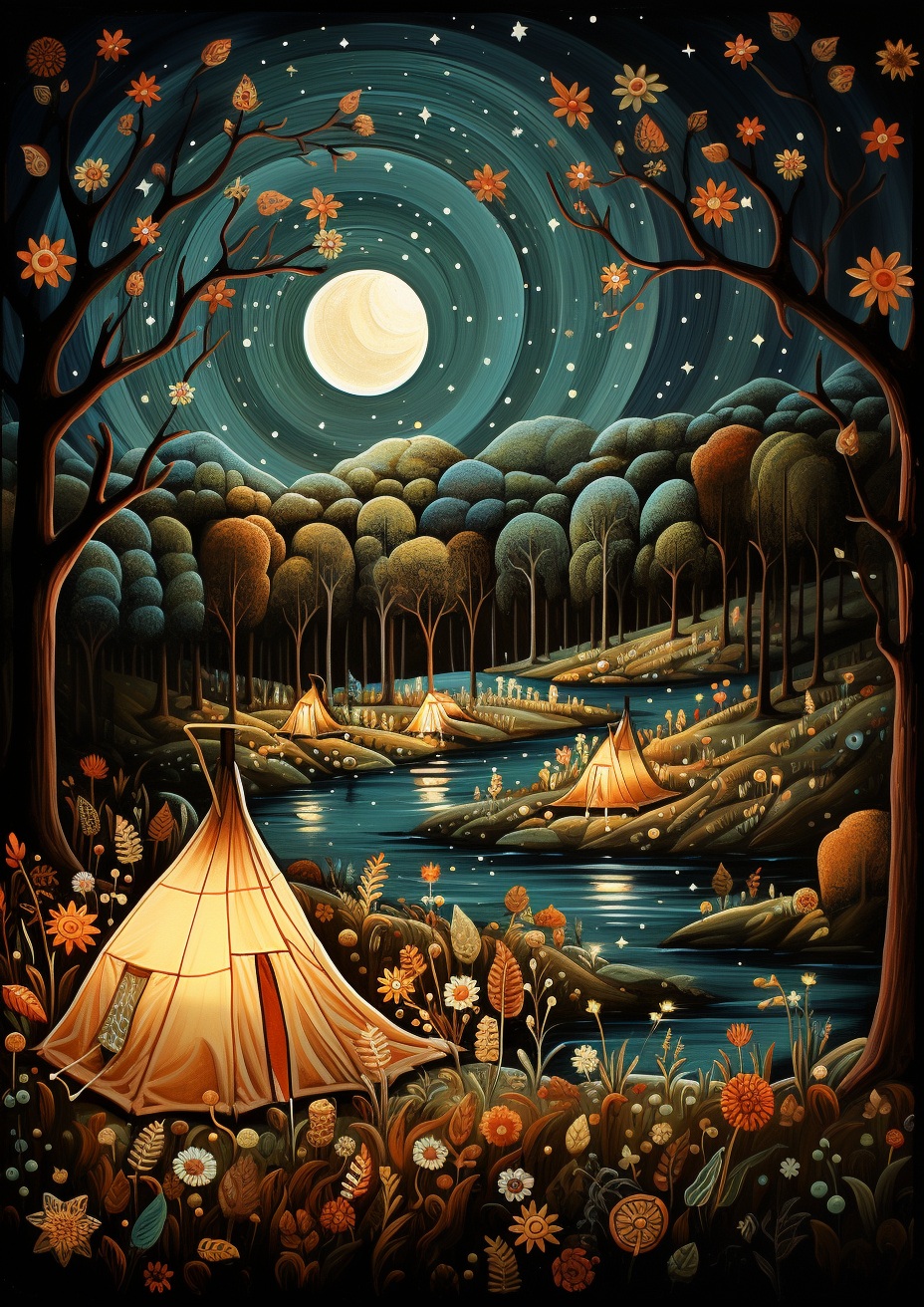 Glowing campsite with tents beside a river under moonlight in a forest valley