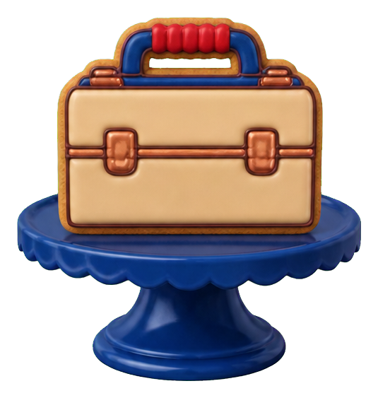 A toolbox-shaped cake stand with a blue pedestal base and tan box top.