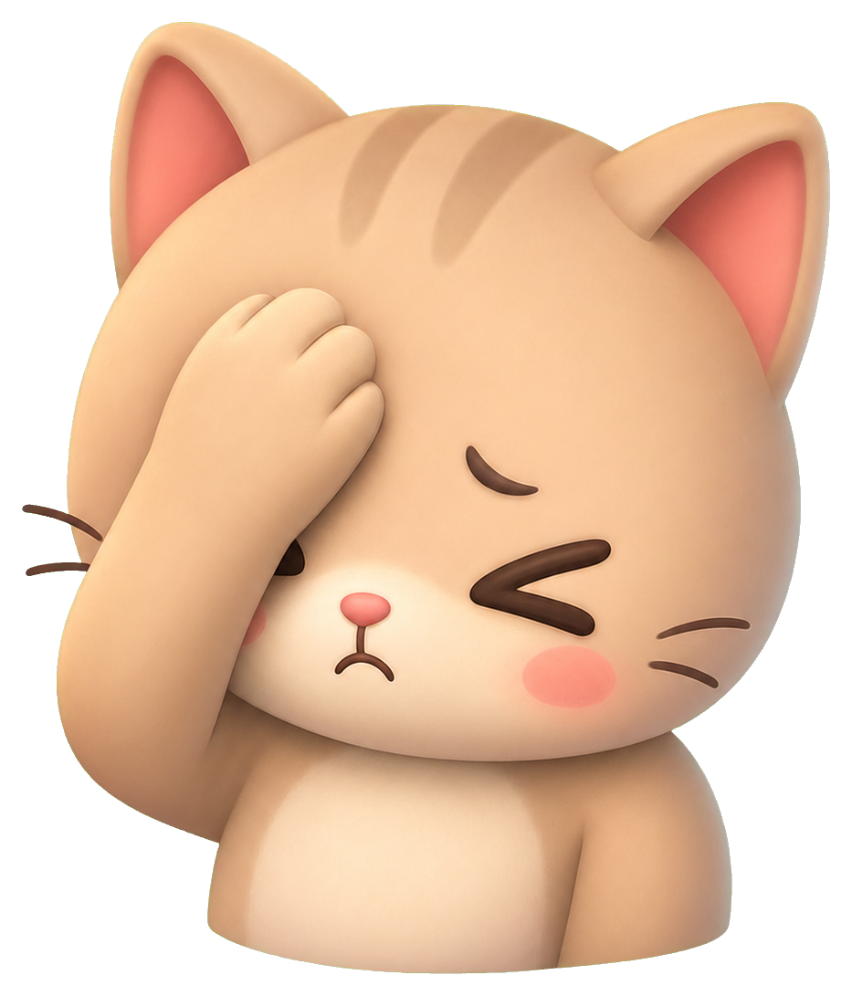 Cute cartoon cat covering its face with one paw in a facepalm pose.