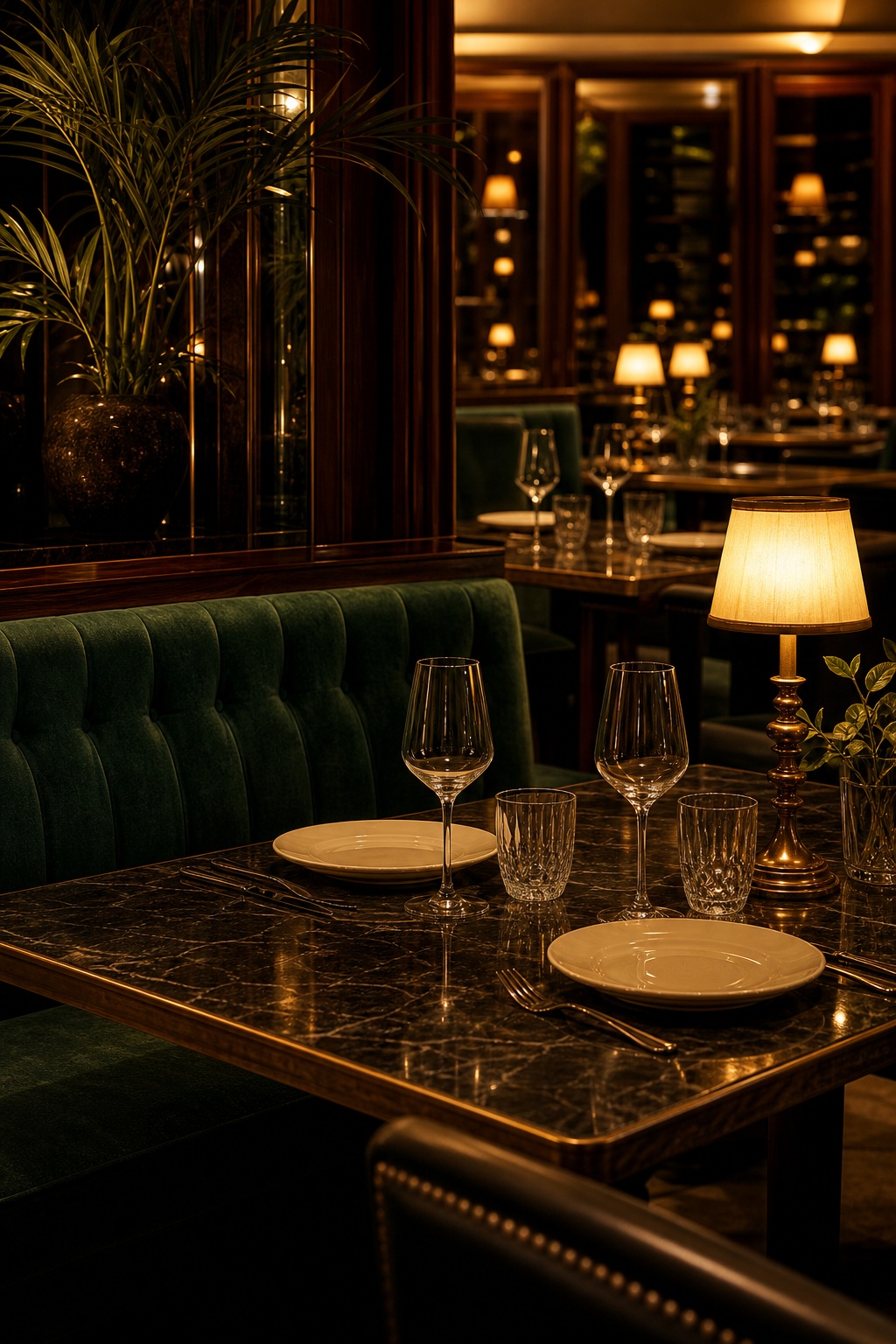 Empty restaurant table with plates, wine glasses, and warm ambient lighting