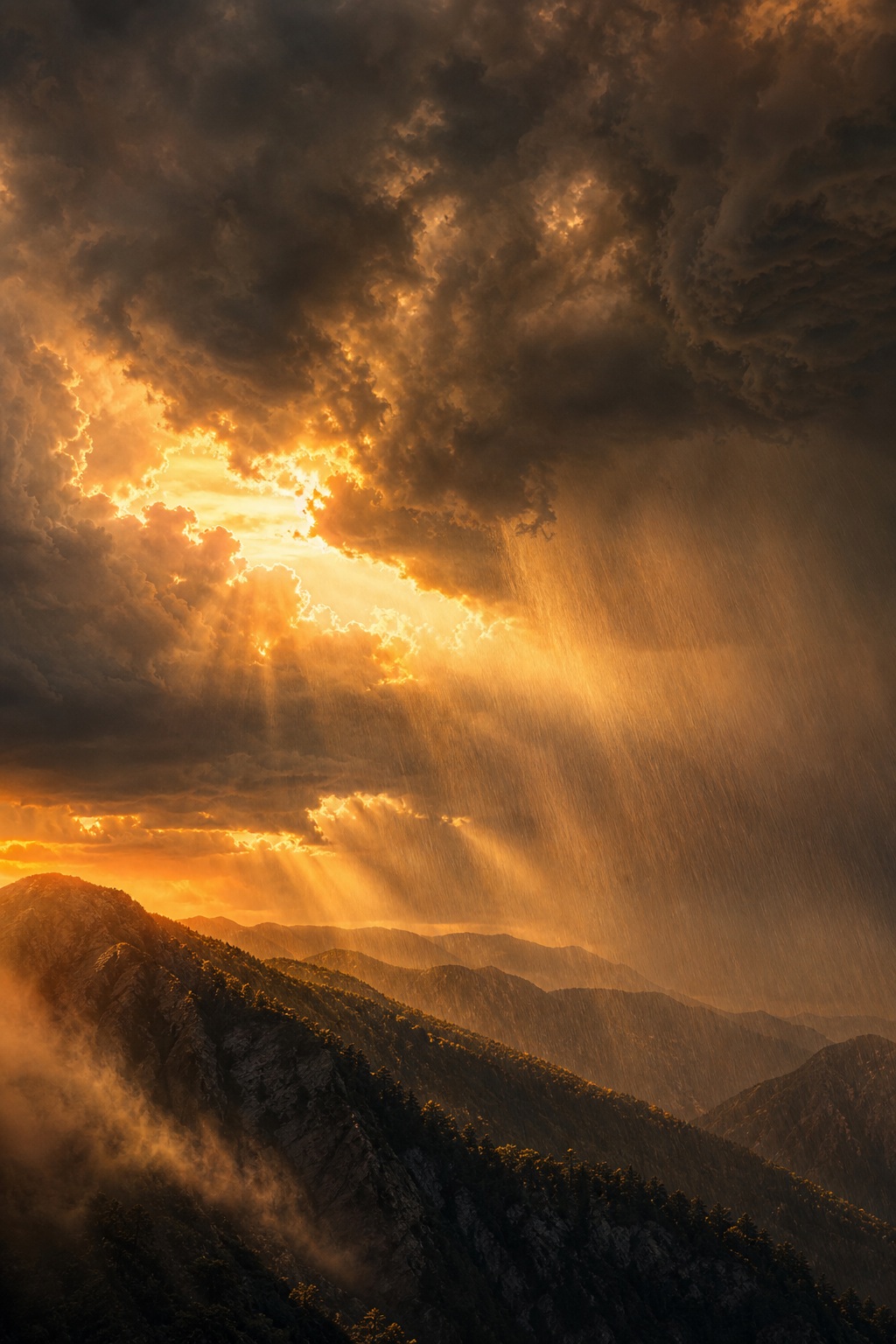 Dark storm clouds with a bright sunbreak over layered mountain ridges