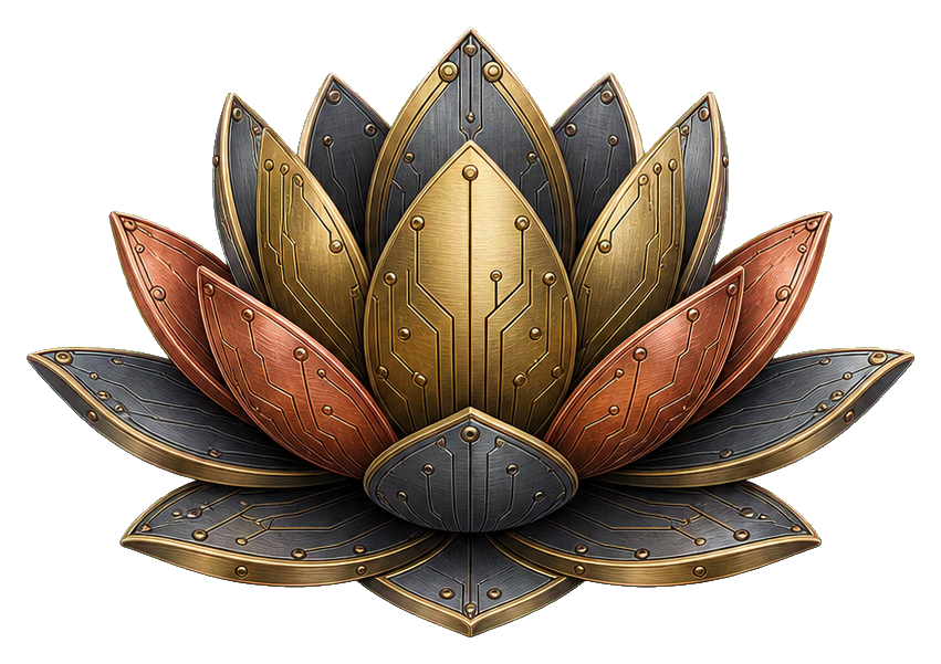 Metallic lotus flower with layered petals and inlay details