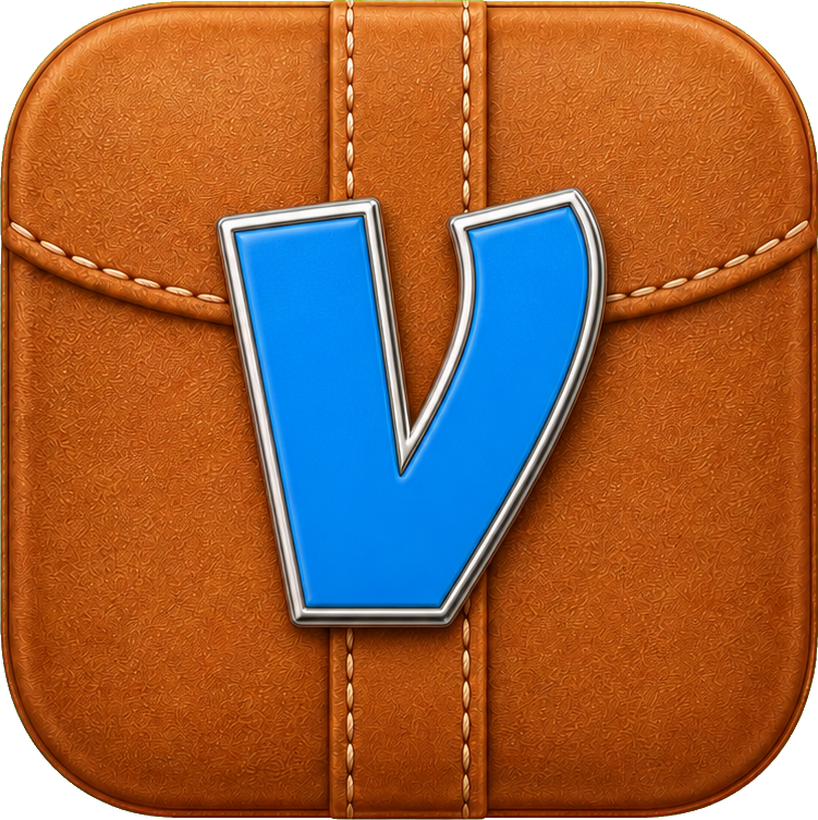 Caramel leather square icon with stitched edges and a blue letter V