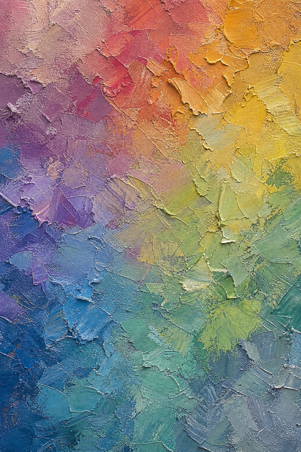Muted rainbow paint texture with palette knife relief on a canvas surface.