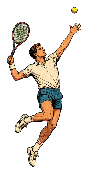 Retro tennis player reaching up for a lob with racket and ball