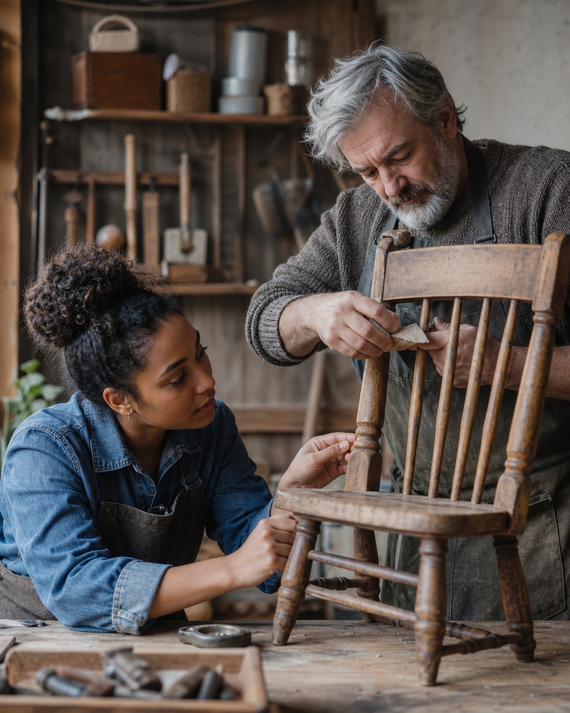 Older man and younger woman repairing a wooden chair in a workshop.