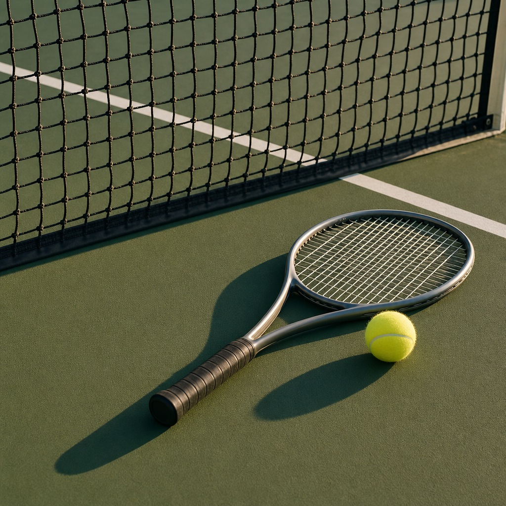 Tennis racket and ball resting on a court beside the net