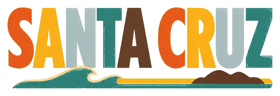 Retro colorful Santa Cruz text with a wave graphic underneath.